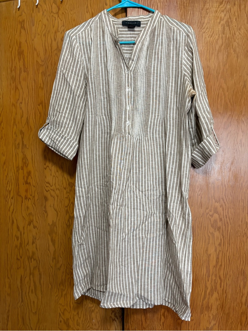 Tahari Beige and White Striped Linen-Blend Tunic Dress